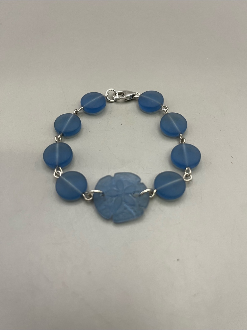 Handmade Sterling Silver 925 Blue Sea Glass Sand Dollar Charm Bracelet Beachy - Picture 2 of 4